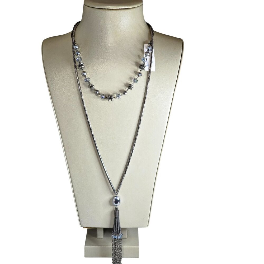 Women's Trendy Gunmetal Plated Double Layer Short & Long Tassel Beaded Necklace